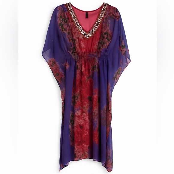 New Cynthia Rowley Boho Beach Coverup Beaded V-Neck Kaftan Tunic Dress Small - Picture 1 of 5